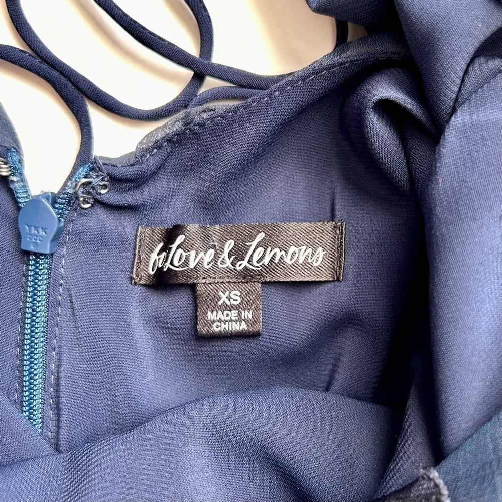 For Love And Lemons Lula Mini Dress Ruched Ruffle Navy Blue Dot Long Sleeve XS - Picture 10 of 16